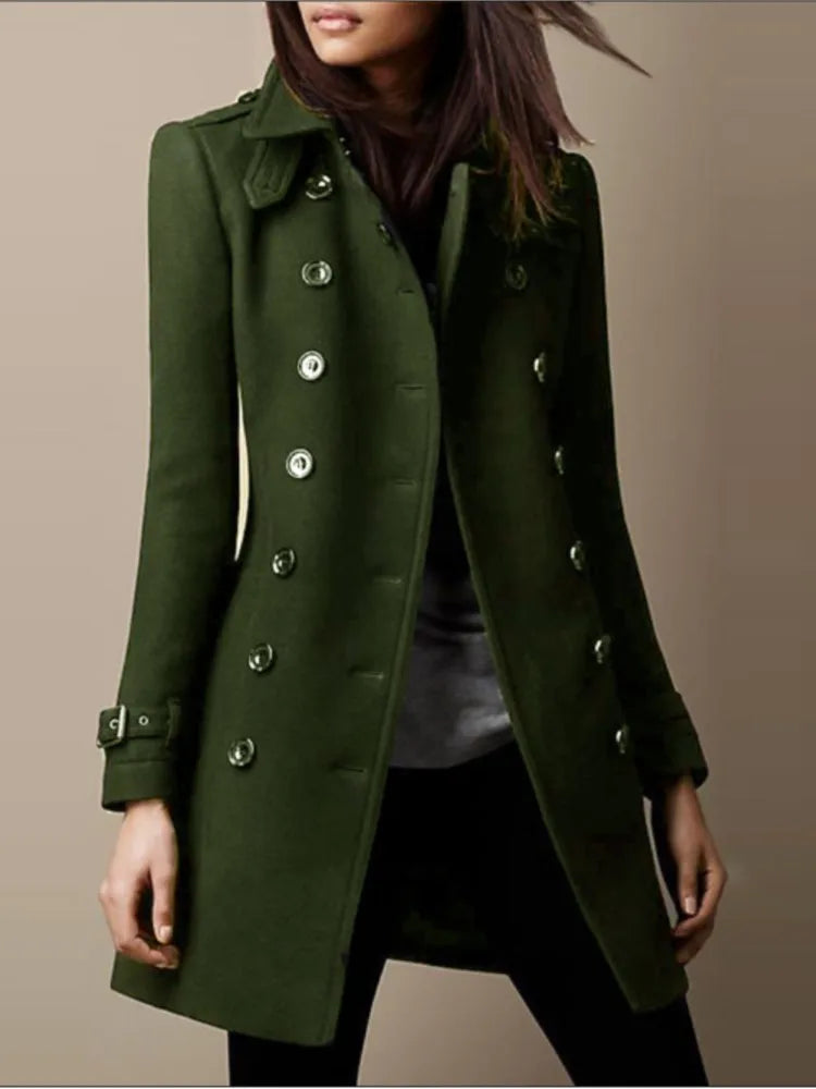 Winter Ladies Woolen Jacket – Double-Breasted Flap Lapel, Slim Fit, Elegant Solid Top Coat, Lined Women’s Outerwear 2024