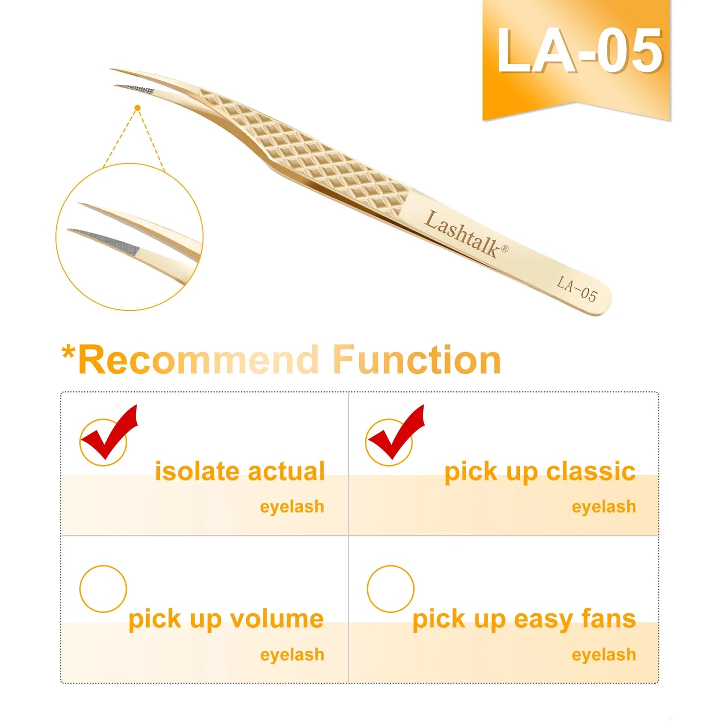 Lashtalk Precision Fiber Tip Tweezer - Diamond Grip Anti-Slip Gold Stainless Steel for Eyelash Extensions Makeup by Nagaraku