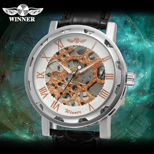 T-Winner Classic Skeleton Watch – Mechanical Hand-Wind Wristwatch with PU Leather Strap for Men & Women