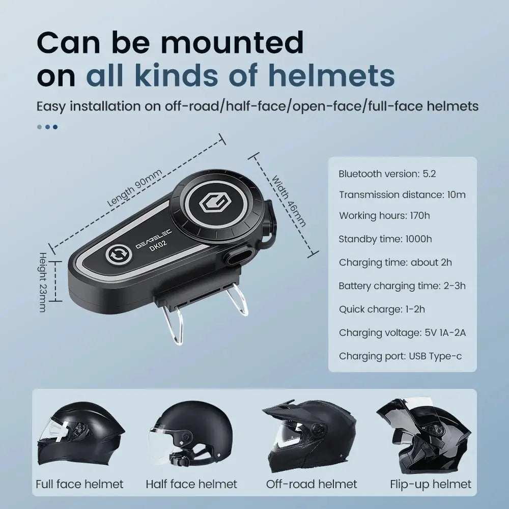 GEARELEC DK02 Motorcycle Helmet Headset - Stereo Bluetooth Hands-Free Call, IPX7 Waterproof, 2800mAh with Tri-Color Ambient Light