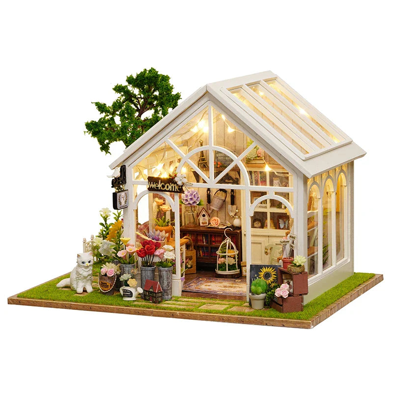 DIY Wooden Sunshine Greenhouse Cottage – Miniature Dollhouse Kit with Furniture for Friends' Gifts