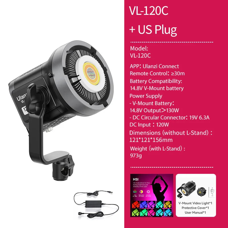 Ulanzi VL-120Bi VL-120C 120W V-Mount COB Light – Wireless APP Control, 2700K-6500K Video Light for Skit Video Photography