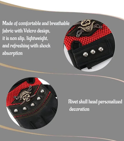 Pirate Skull PU Leather Fingerless Gloves for Men & Women – Hip Hop, Gym, Moto Half-Finger Mitts with Rivets