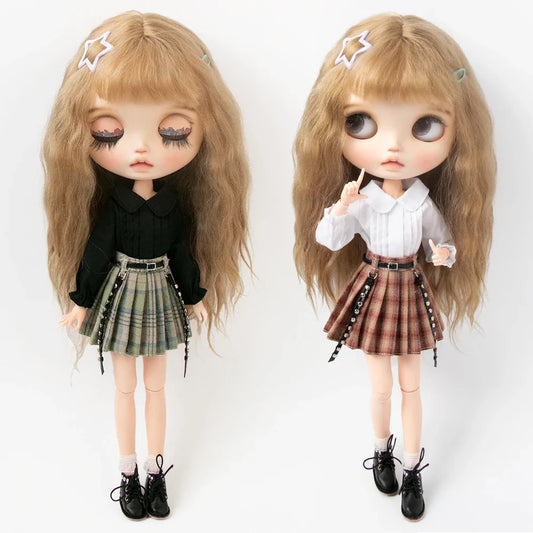 Blythe Doll Clothes Plaid Pleated Skirt & Off-Shoulder Top Tulle Dress Set — Ruffle Skirt for Licca, Azone, OB22, YMY Doll Accessories