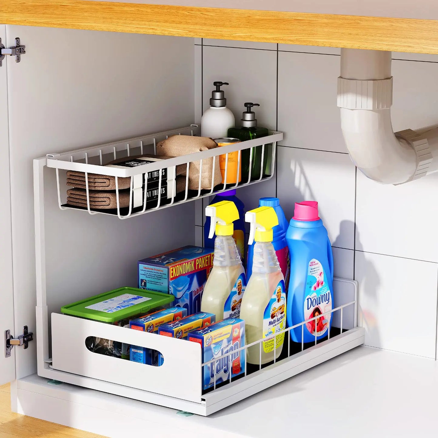 Under Sink 2-Tier Sliding Cabinet Organizer — Pull-Out Basket Drawer for Bathroom & Kitchen Storage