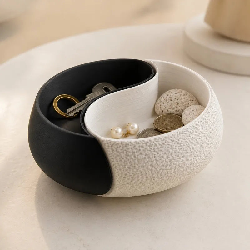 3D Printed Yin-Yang Storage Bowl - Double Compartment Jewelry Tray & Key Holder for Desk Decor