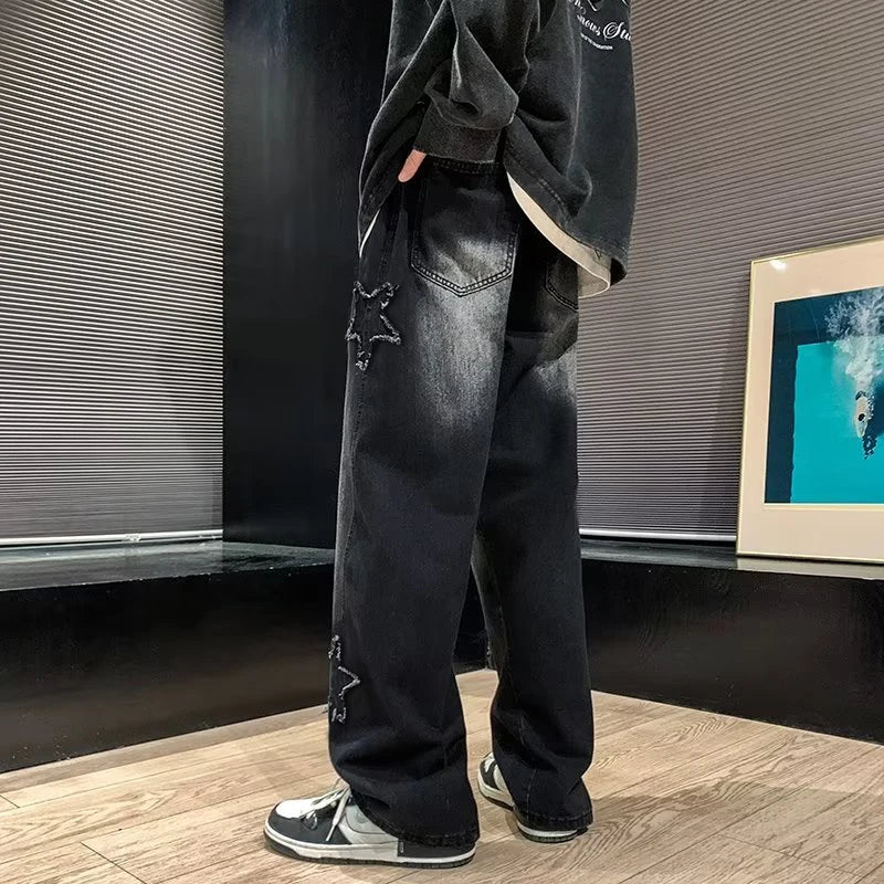 Stars Patchwork Men’s Jeans — Y2K Tassel Straight Hip Hop Streetwear Pants, Korean Fashion Trousers