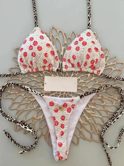 Women’s Cherry Print Bikini Set – Brazilian Thong Two-Piece Swimwear, Sexy Beach Bathing Suit
