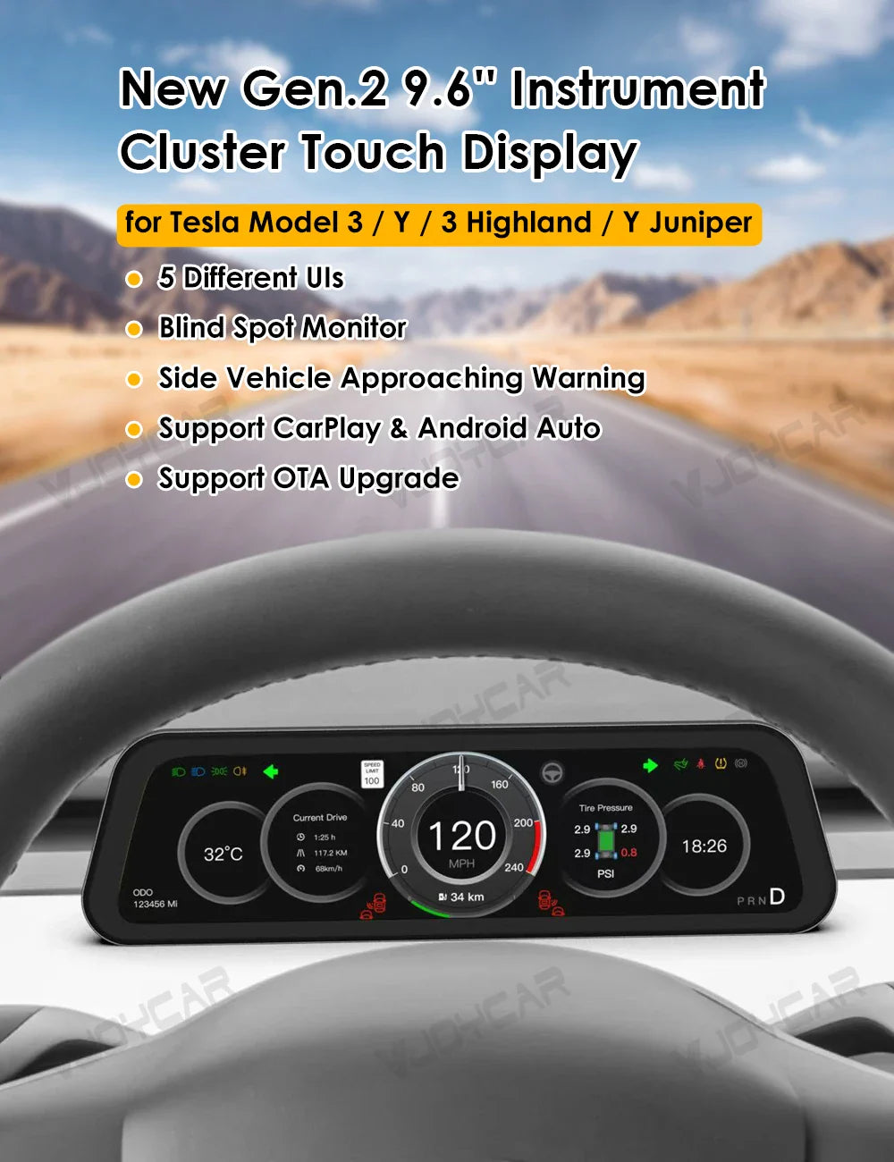 Gen 2 9.6" Instrument Display for Tesla Model 3 & Y – Blind Spot Reminder with OTA Upgrade, Juniper Dashboard