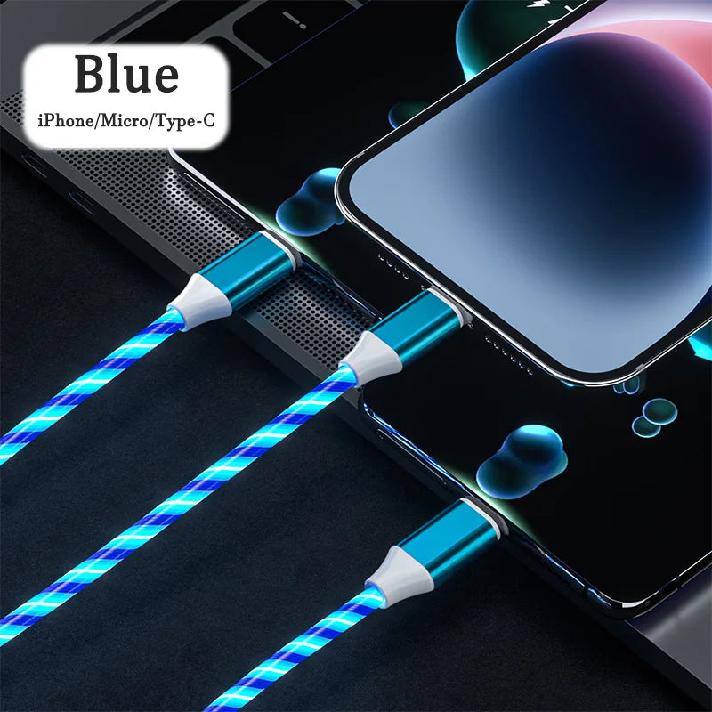 3-in-1 LED Glowing Charging Cable – 3A Micro USB & Type-C Flowing Streamer Cord for iPhone, Xiaomi & Huawei