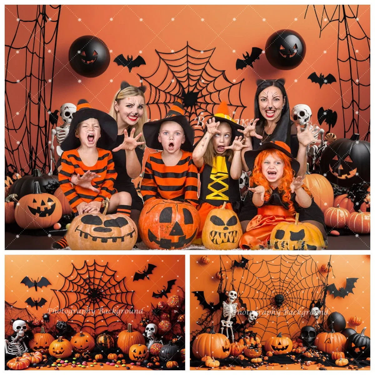 Halloween Orange Pumpkin Skull Spider Web Bat Backdrop – Spooky Photo Background Decoration