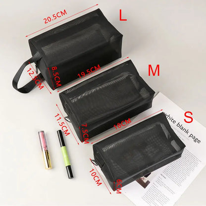 Travel Black Mesh Cosmetic Bag — Zipper Makeup & Toiletry Organizer for Women, Portable Storage Pouch