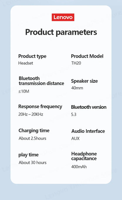 Original Lenovo TH20 Wireless Bluetooth 5.3 Headphones - Dual Mode, Foldable Sport Headset, Music & Gaming Earphones