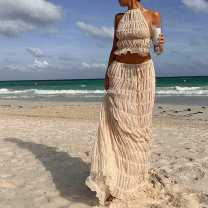 Women’s Boho Sexy Backless 2-Piece Set – Vintage Ruched Halter Cami Top & Maxi Skirt Beach Holiday Party Outfit