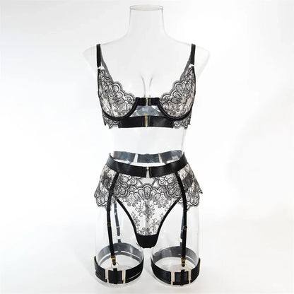 Krasapt Luxury Black Flower Embroidery Lingerie – 4PC Mesh Bra, Thong & Garter Erotic Set