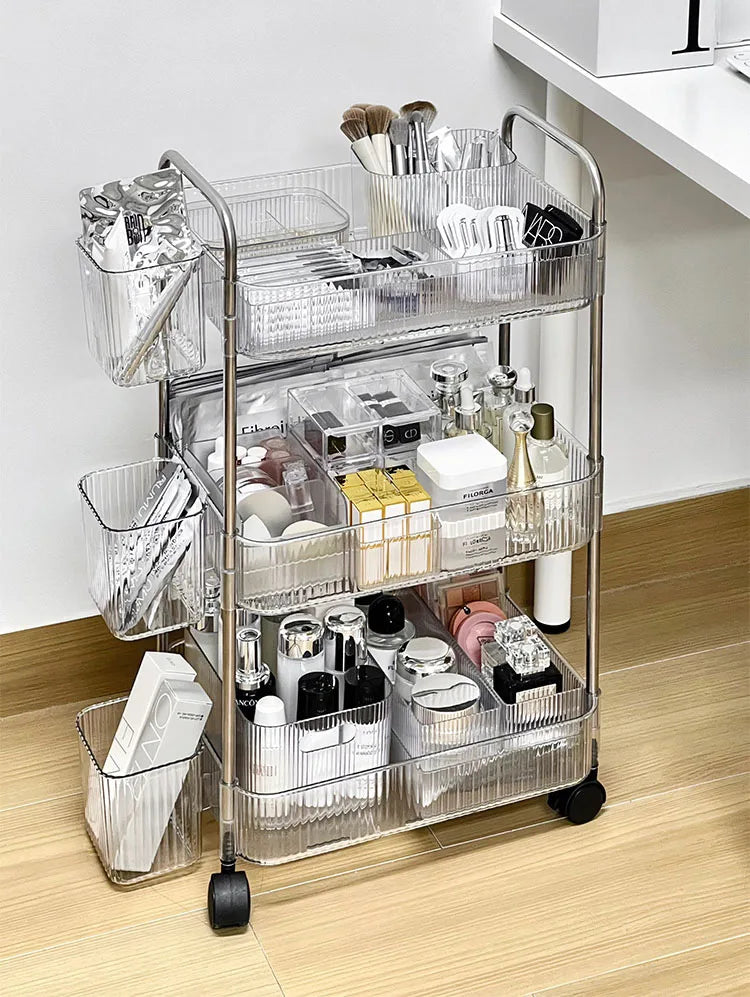 Mobile Shelf with Wheels - Multi-Layer Storage Rack Home Trolley, 2/3/4 Tiers Rolling Cart for Snacks, Cosmetics, and Sundries Organizer
