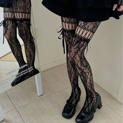 Women's JK Lace Bow Stockings - Sexy Floral Hollow Out Pantyhose for Cosplay, Party & Night Club Fashion