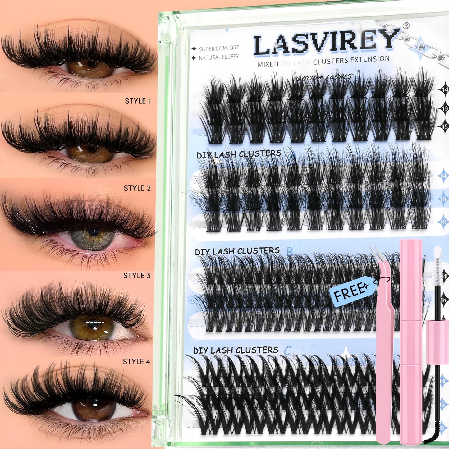 Lasvirey DIY Cluster Lashes Kit – 4-in-1 Fluffy Eyelash Extension Set with Lash Bond & Seal, Mixed Full Individual Lash Clusters