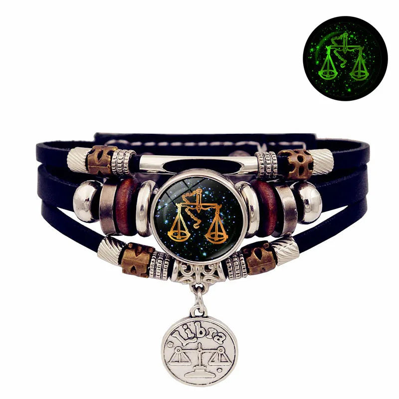 Luminous 12 Constellation Vintage Bracelet - Braided Punk Leather Glow-in-the-Dark for Men & Women, Birthday Gift