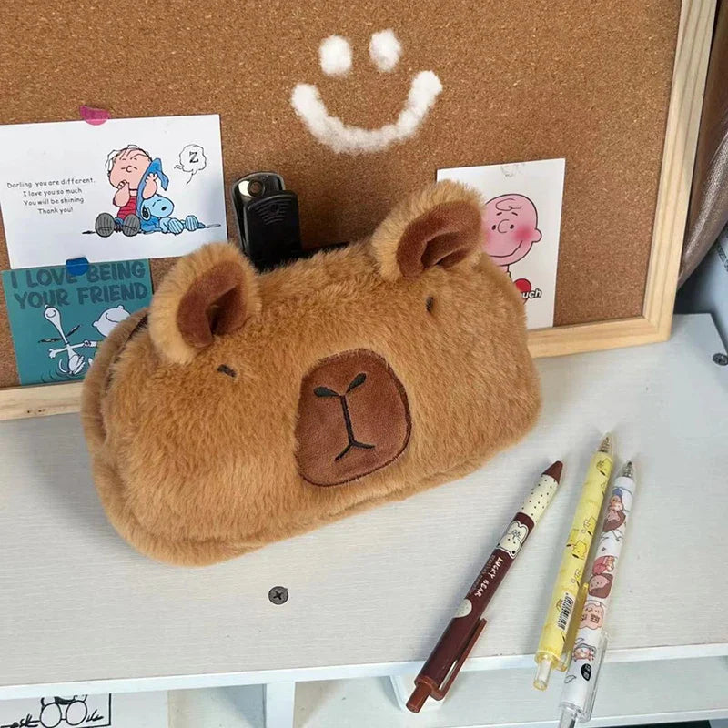 Cute Plush Capybara Pencil Storage Bag - Cartoon Animal Pen Case, Multifunctional Large Capacity Stationery Pouch
