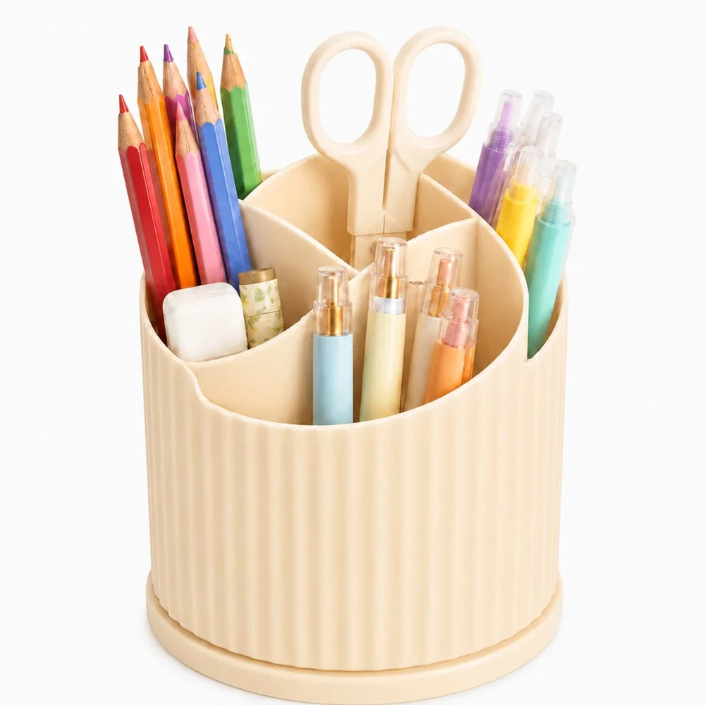 360° Rotating Pen Holder Organizer - 5 Compartment Candy Color Desk Storage Box for Kids, School & Office