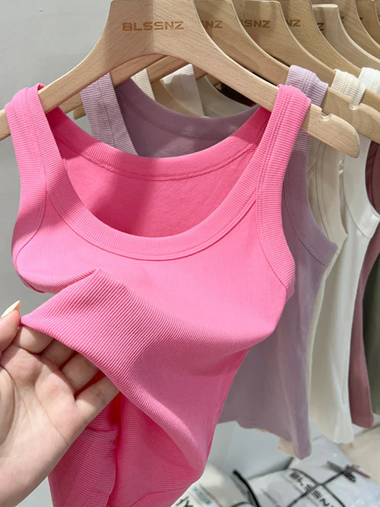 Women’s Ribbed Tank Top Camisole – Solid Color Round Neck Elastic O-Neck Basic Summer Sleeveless Top