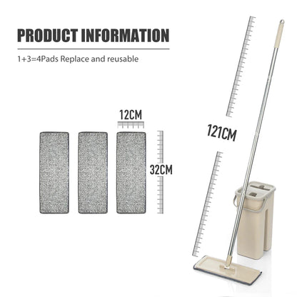 Hands-Free Flat Floor Mop & Bucket Set — Professional Home Cleaning System with Washable Microfiber Pads for Hardwood Floors