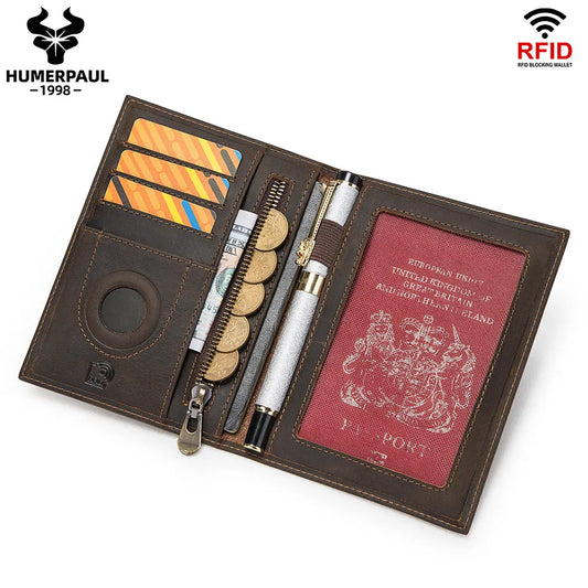 HUMERPAUL Passport Wallet with AirTag Holder – Crazy Horse Leather RFID Travel Credit Card & Pen Cover Money Bag