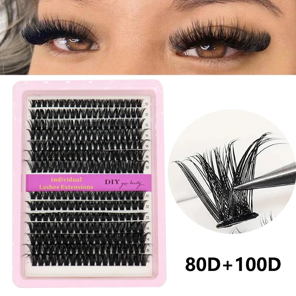 40D–100D Segmented Tufted Eyelashes – 14 Rows Mixed 10–16mm Black Matte DIY Grafted False Eyelash Extensions for Volume Makeup Look