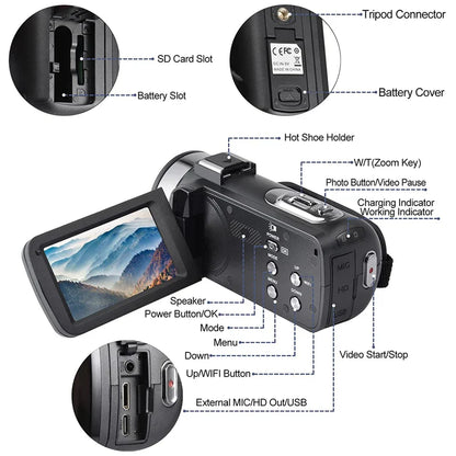 8K HD Video Camera – 3-Inch LCD Touch Screen, 18X Digital Zoom, Ultra HD, WIFI Portable Camcorder Recorder