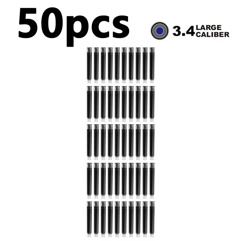 50/100pcs Fountain Pen Ink Cartridges – Black, Blue & Red Refill Set (2.6/3.4mm Bore) High-Quality