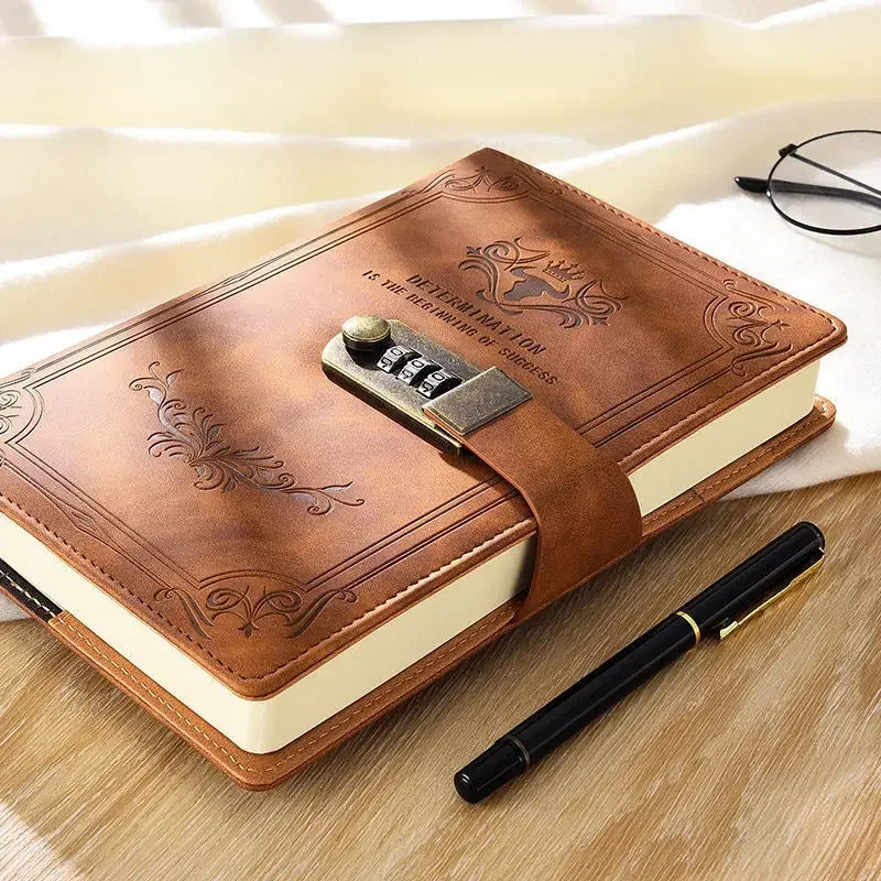 A5 Retro Password Book with Lock – 200 Pages Thickened Diary Notebook, Creative Student Stationery Ledger Binder Organizer