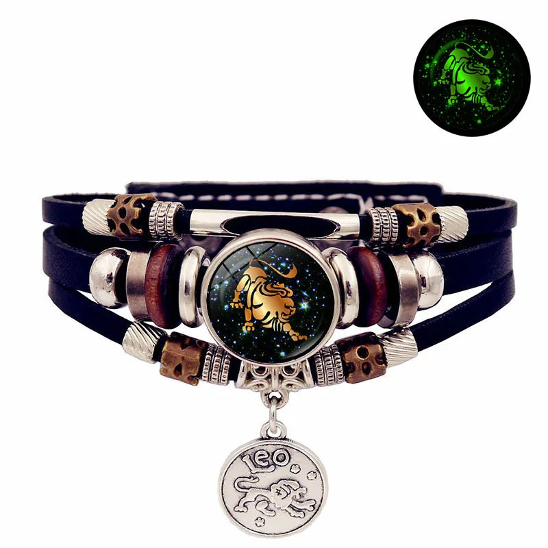 Luminous 12 Constellation Vintage Bracelet - Braided Punk Leather Glow-in-the-Dark for Men & Women, Birthday Gift