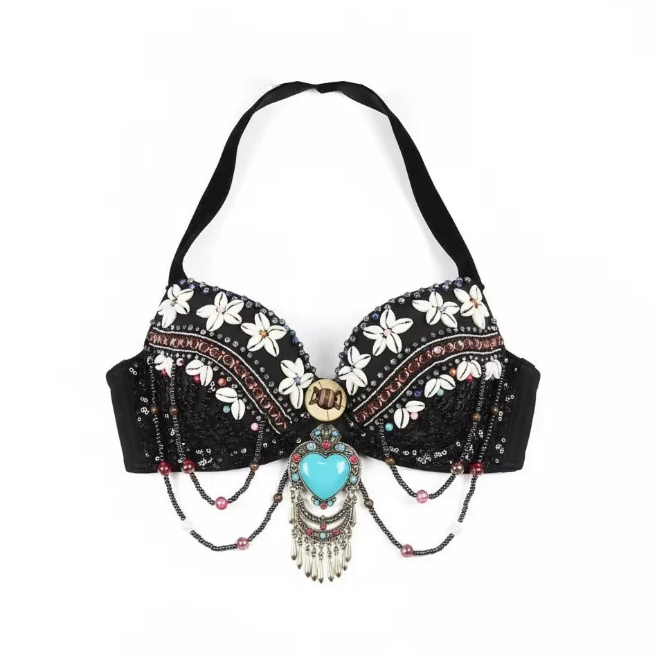 Vintage Gypsy Tribal Belly Dance Push-Up Bra – Wooden Beads Top with Turquoise Medallion