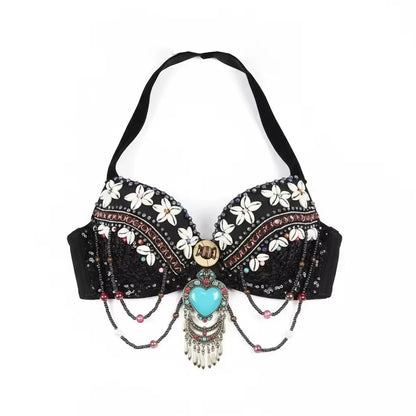 Vintage Gypsy Tribal Belly Dance Push-Up Bra – Wooden Beads Top with Turquoise Medallion