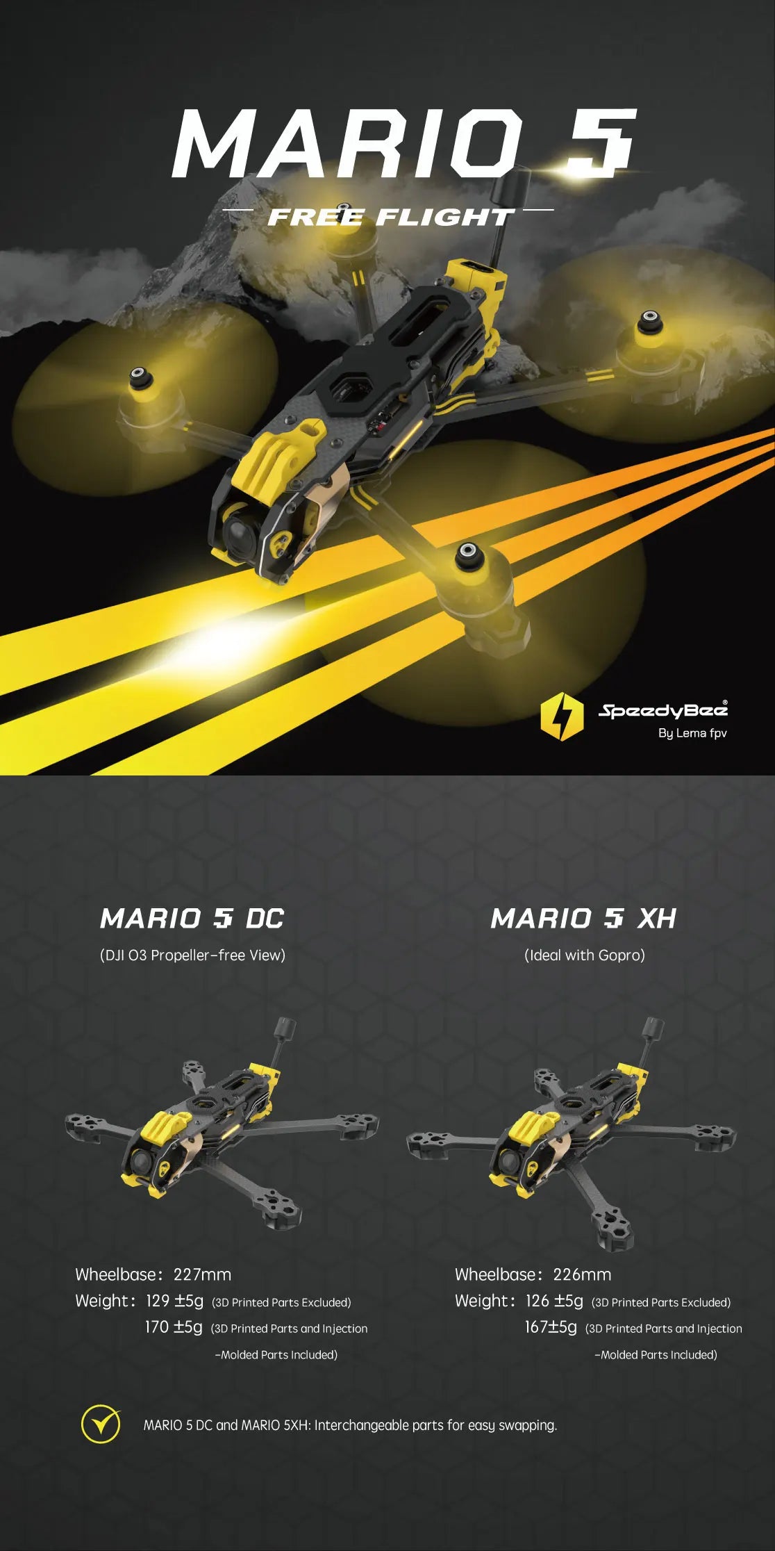 SpeedyBee Mario 5 O4 DC/XH Carbon Fiber Frame Kit – FPV Freestyle RC Racing Drone