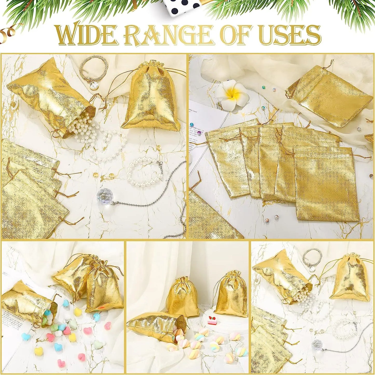 50pcs Gold Drawstring Bags – Jewelry, Candy, and Gift Pouches for Small Business Packaging