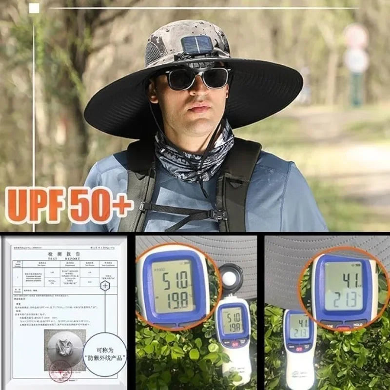 Men’s Wide Brim Solar Fan Hat – UPF50+ Sun Protection, Dual Power USB Adjustable Outdoor Hat for Beach & Fishing