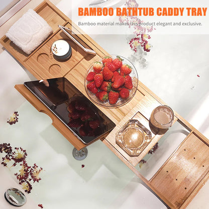 Bamboo Bathtub Caddy Tray – Spa Organizer with Book, Wine & Tablet Holder, Non-Slip & Extendable Sides