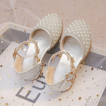 Girls’ Glitter High Heel Dress Shoes – Rhinestone Pendant Princess Shoes for Wedding & Party