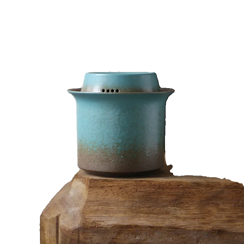 Kiln-Change Vintage Spring Green Pottery Tea Set – 1 Pot & 4 Cups, Simple Small Set for Outdoor or Tea Room