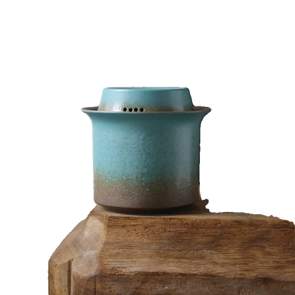 Kiln-Change Vintage Spring Green Pottery Tea Set – 1 Pot & 4 Cups, Simple Small Set for Outdoor or Tea Room