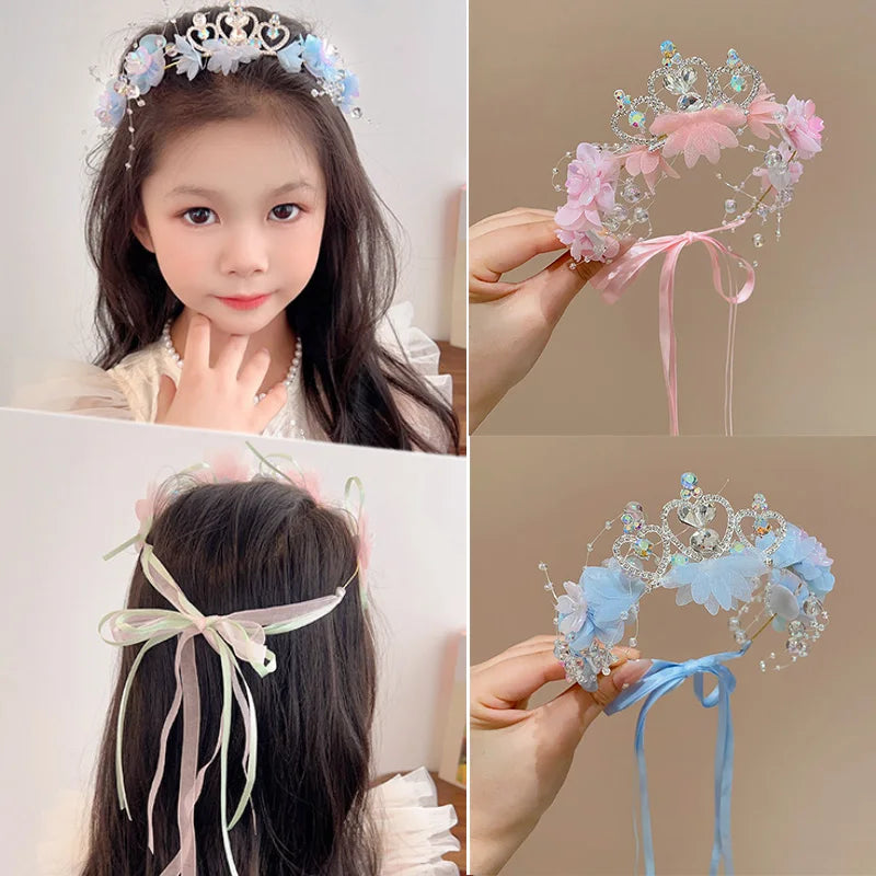 Girls Flower Wreath Crown - Rhinestone Fairy Princess Headband for Weddings & Birthdays