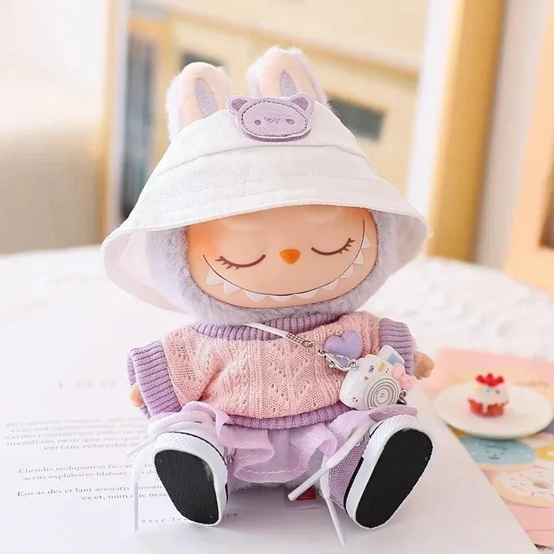 Mini Doll Clothes & Accessories — 15–17cm Labubu & 10cm Cotton Doll Outfit, Pink Hoodie & Yarn Skirt (No Doll)