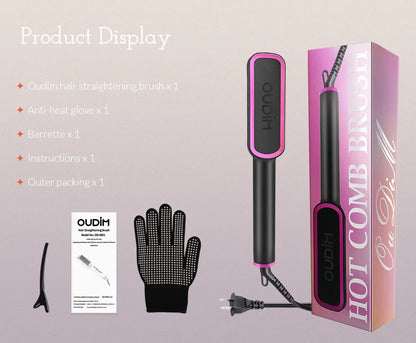 OUDIM Hair Straightener Brush – Ionic Flat Iron with 6 Temperature Settings, Anti-Scald Hair Styling Tool for Women