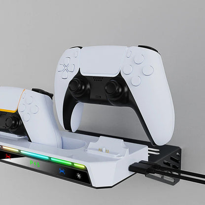 PS5 & PS5 Slim Wall Bracket Dual Controller Charger – RGB LED Metal Wall-Mounted Stand for Disc & Digital Editions