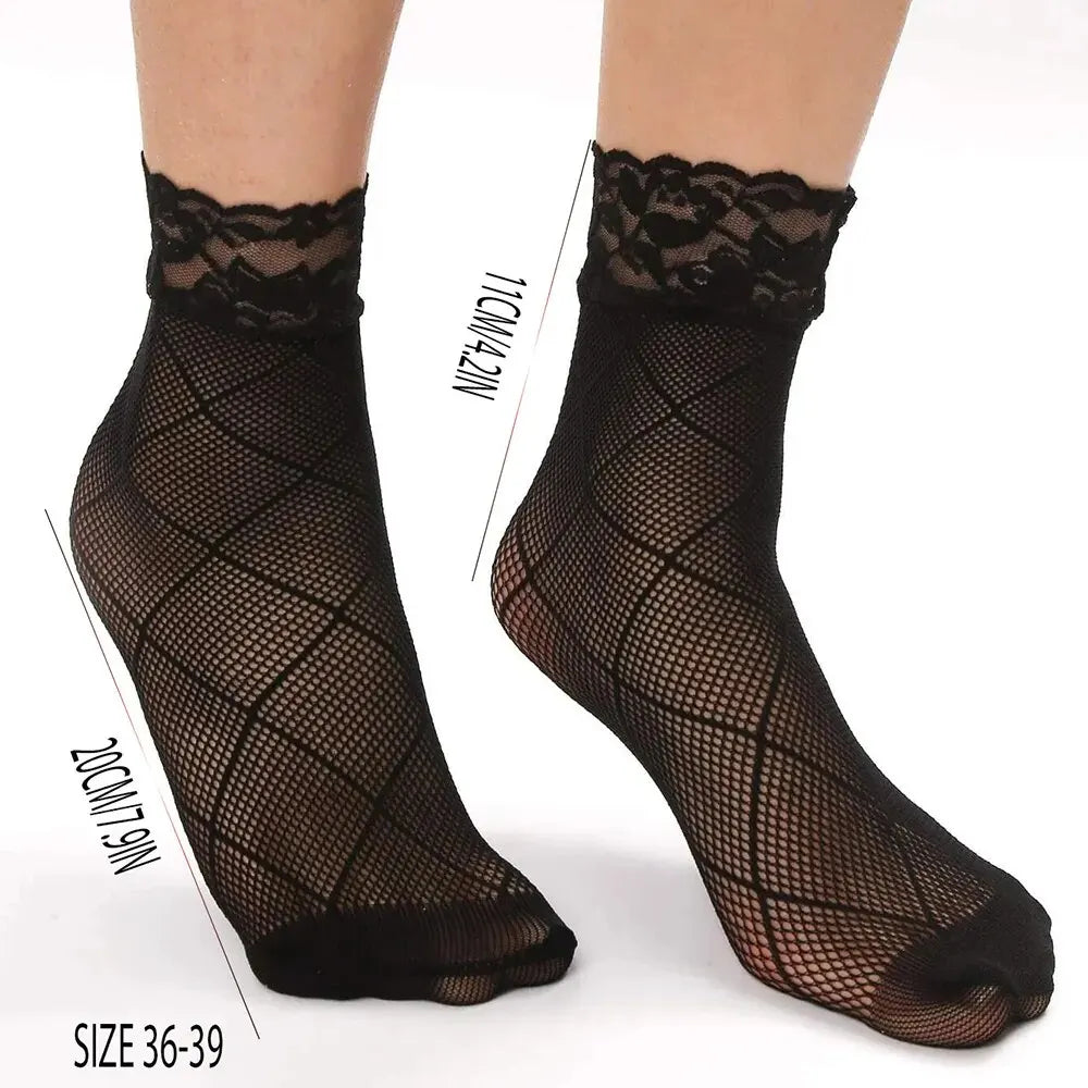 5 Pairs Vintage Lace Women's Socks: Summer Mesh Elastic Ankle Socks - Versatile Lolita Fishing Net Black Socks
