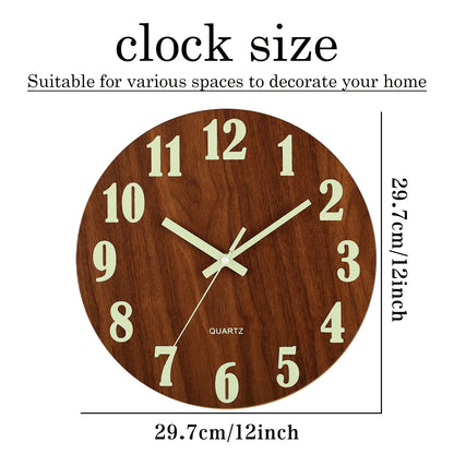 12-Inch Luminous Wall Clock — Nordic Wooden Silent Clock with Night Light, Non-Ticking Design for Dark Room
