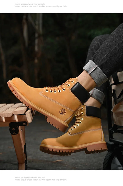 High Top Leather Boots for Men & Women – Fashion Lace-Up Outdoor Sneakers, Non-Slip Casual Ankle Shoes for Couples