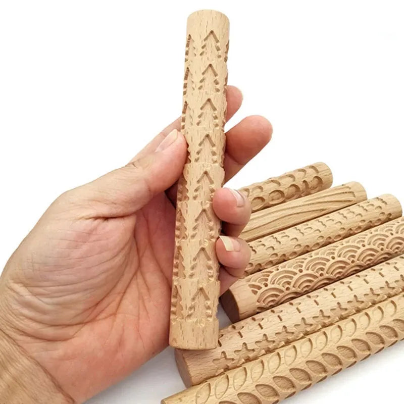 Wooden Texture Rolling Pin - Ceramic Pottery Art Embossed Flower Pattern Mud Roll Reliefs - DIY Clay Craft Tool